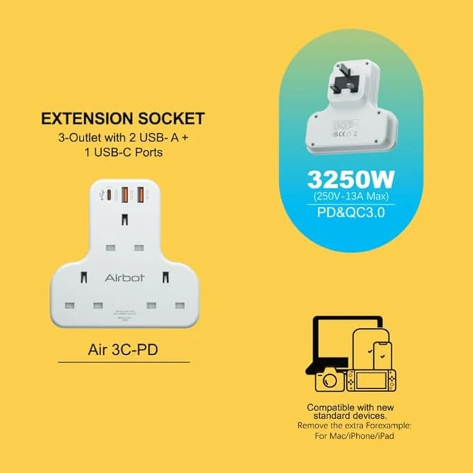 Airbot Air 3C-PD Multi Extension Socket 3250W 3 Way Socket Power Adaptor Multi Plug Extension ith USB + Type-C PD Extender Outlet Adaptor Plug Extension62885105504898115