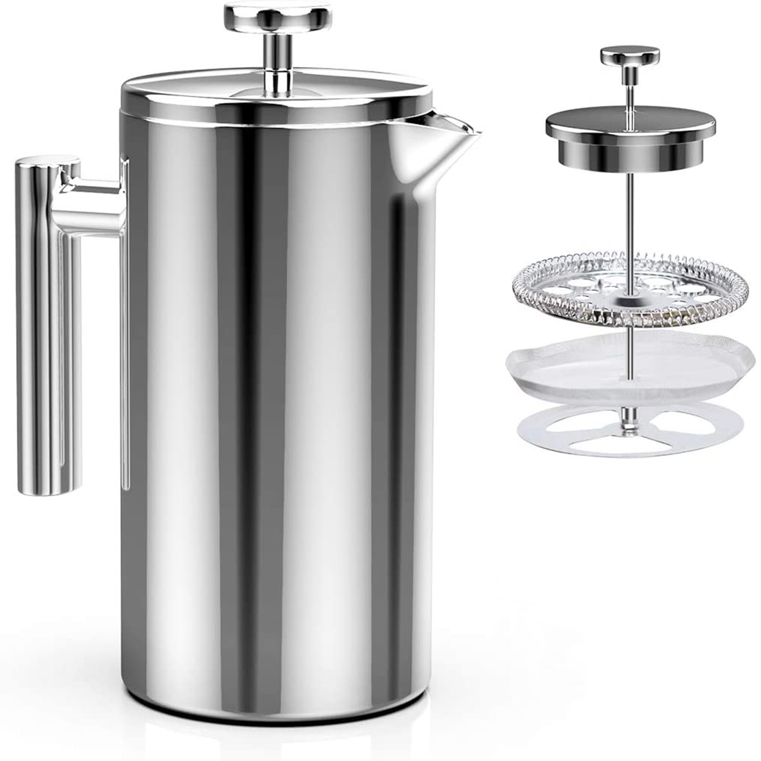 Blythornix French Press Coffee Maker Stainless Steel, Tea Maker Coffee Press Cup with Filter Double Wall Insulated Silver 1000ML