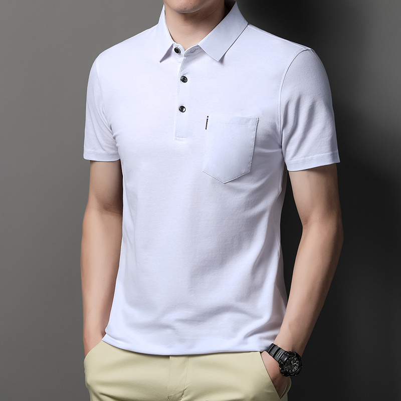 MOAIKA   100% Cotton Pocket Polo Shirt Solid Collar Short Sleeve        White63525099761537111