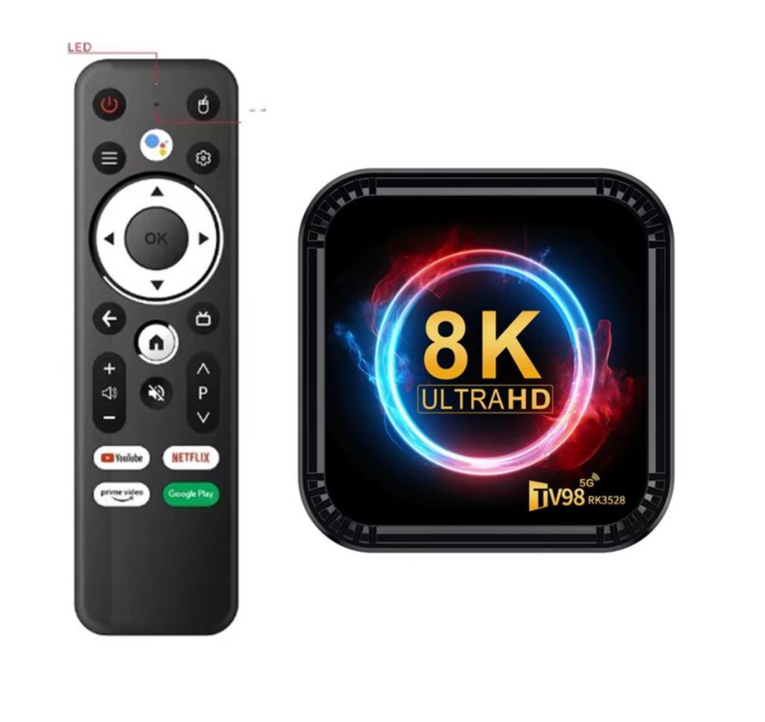 صندوق تلفاز ذكي TV98 RK3528، صندوق أندرويد 13 RK3528، رباعي النواة، واي فاي مزدوج 4G و5G، بلوتوث 5.0، 4 جيجابايت، 64 جيجابايت، جهاز تحكم عن بعد بصري، مشغل فيديو 8K HD، صندوق فك التشفير63228185334017110
