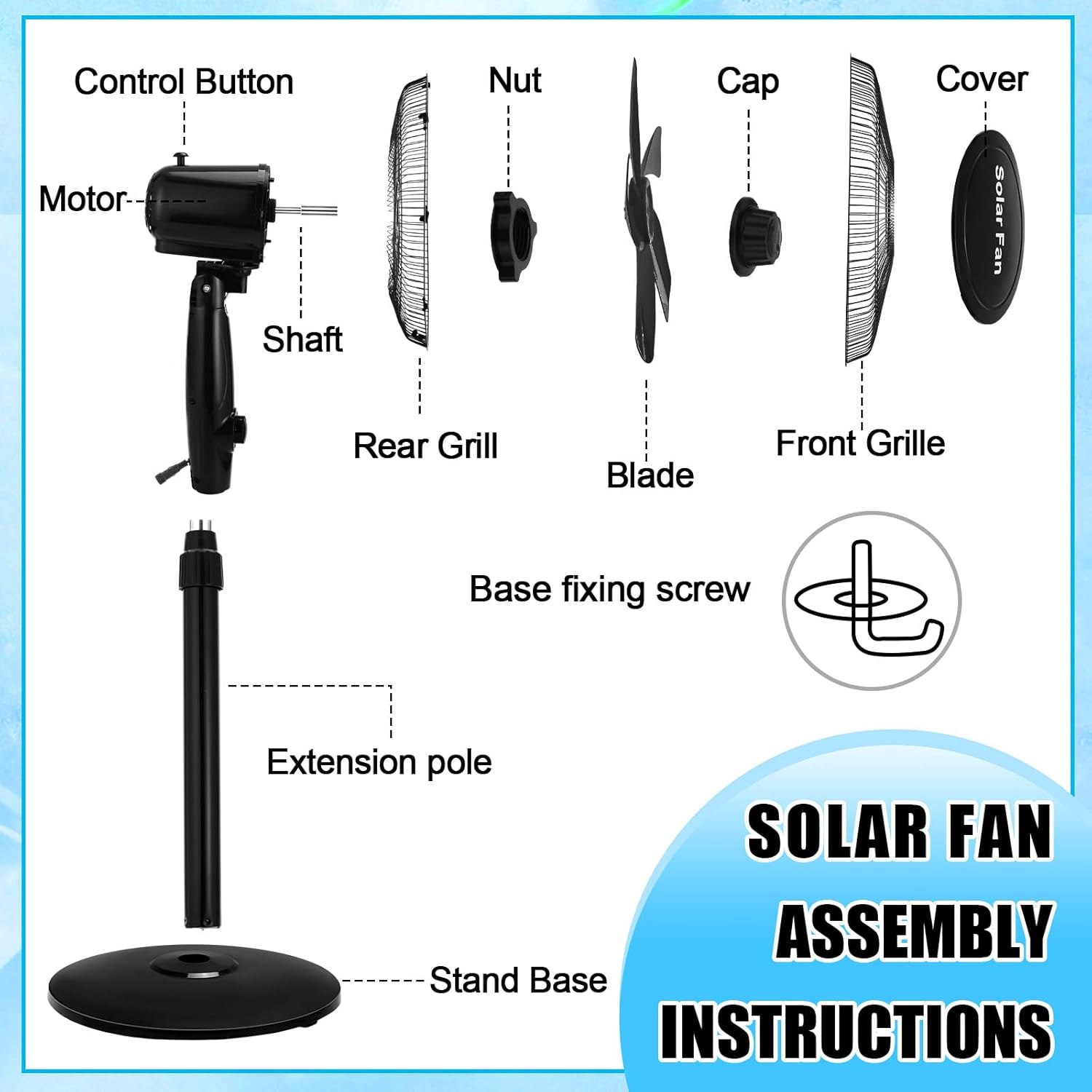 16 Inch Portable Solar Floor Fan Rechargeable Oscillating Standing Pedestal Fan with Solar Panel  Two Charging Methods 3 Speeds for Home Office Outdoor 11100263680578626946112