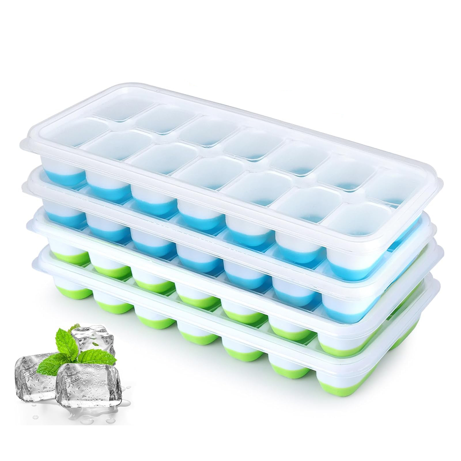 Blythornix Ice Cube Trays for Freezer with Lid, Square Silicone Ice Mold, Ice Ball Maker Hold with Funnel Large Size 4 Packs Blue Green