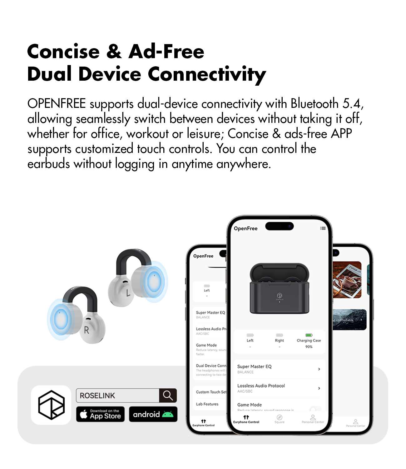ROSESELSA OpenFree Open Ear Wireless Earbuds LDAC LDHC HiFi Sound Bluetooth 5.4 Earphones 52H Battery LC3 Game Mode 20ms(Black63615261449857114