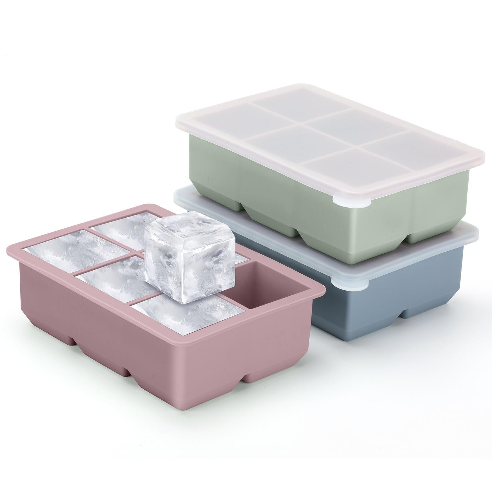 Blythornix Ice Cube Trays for Freezer with Lid and Bin, Barware Silicone Ice Mold Ice Ball Maker Hold with Funnel Square 3 Packs