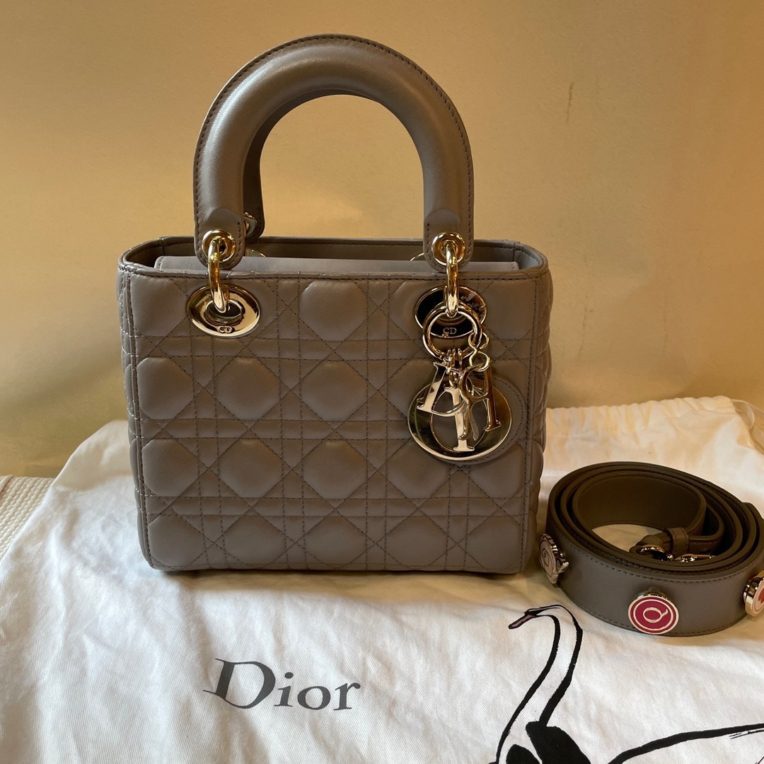 Bolso de mano y bandolera Dior Lady Dior en gris dorado con emblema de cuatro compartimentos