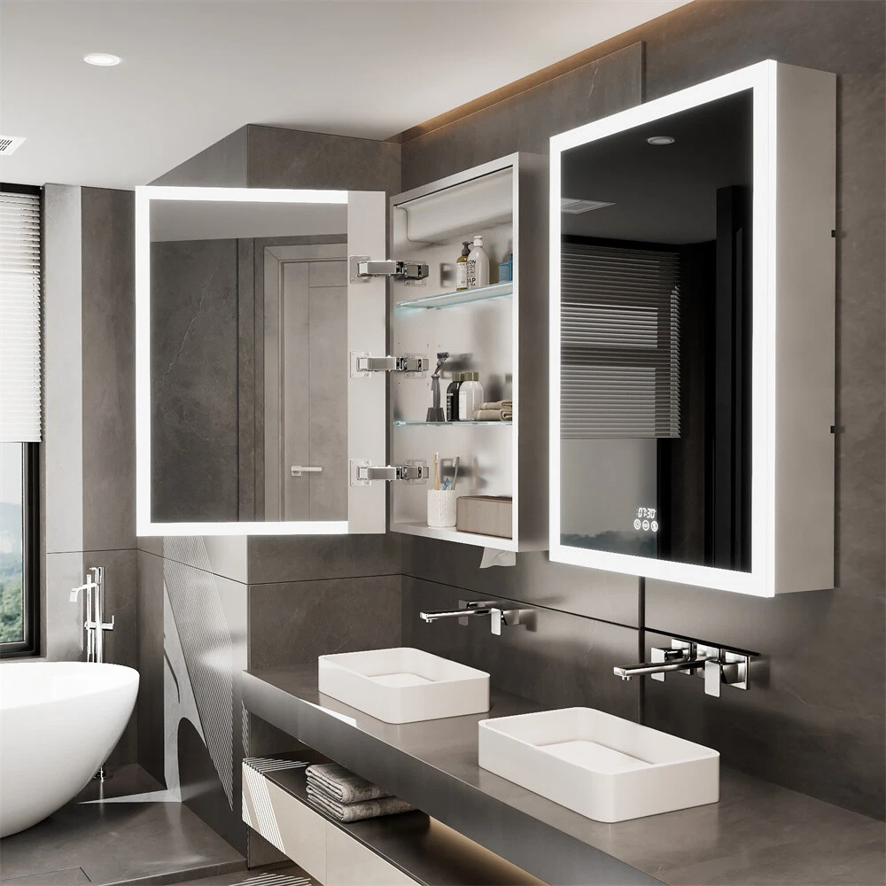 Lebella LED Medicine Cabinet Anti-fog Vanity Mirror Cabinet w/ Temperature Time Display63125454369025112