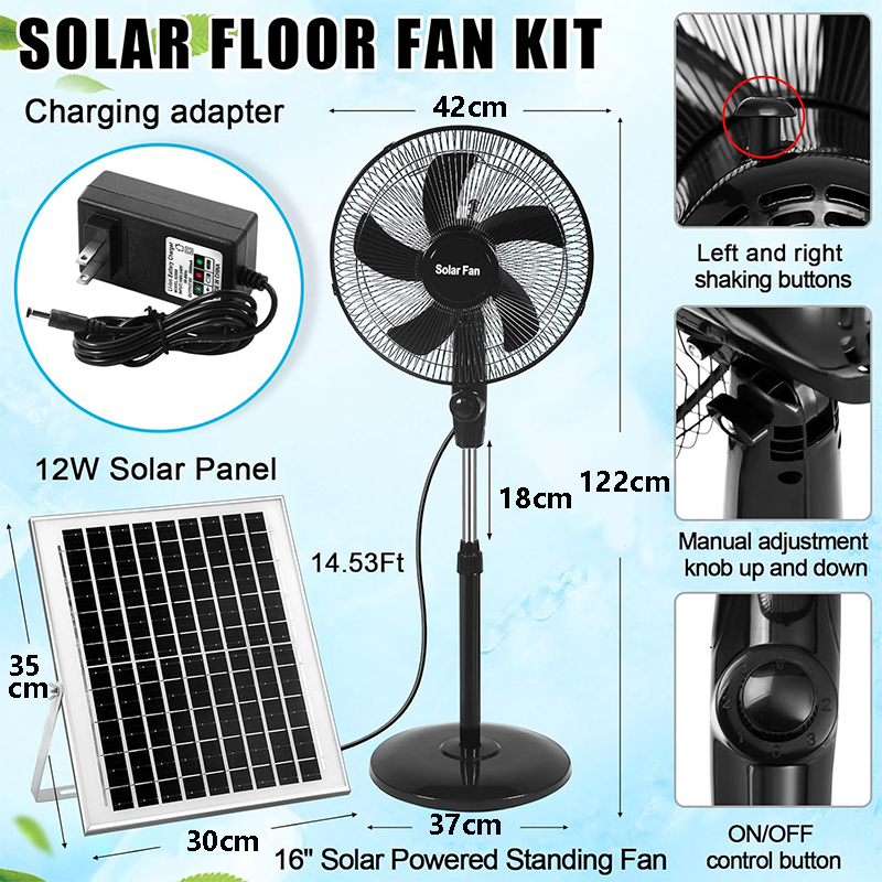 16 Inch Portable Solar Floor Fan Rechargeable Oscillating Standing Pedestal Fan with Solar Panel  Two Charging Methods 3 Speeds for Home Office Outdoor 111002