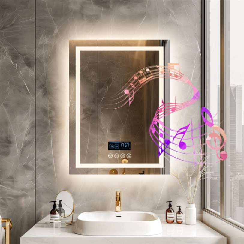 مرآة حمام LED مضادة للضباب بحجم 23.6 بوصة × 31.5 بوصة من Labella مع مكبر صوت بلوتوث وإضاءة أمامية وخلفية63192173243905112