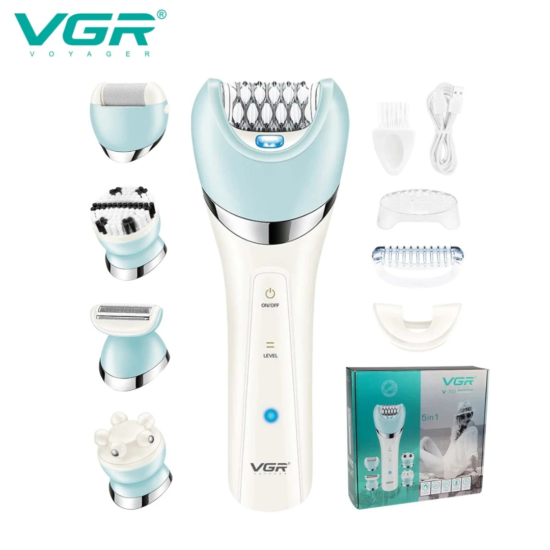 طقم جمالي مقاوم للماء IPX4 من في جي أر موديل V703، طقم جمالي كهربائي متكامل من خمسة في واحد، بما في ذلك ماكينة إزالة شعر للسيدات، وشفرة عائمة، وطقم إزالة أثر الكعب المؤلم، قابل لإعادة الشحن632035625360661123