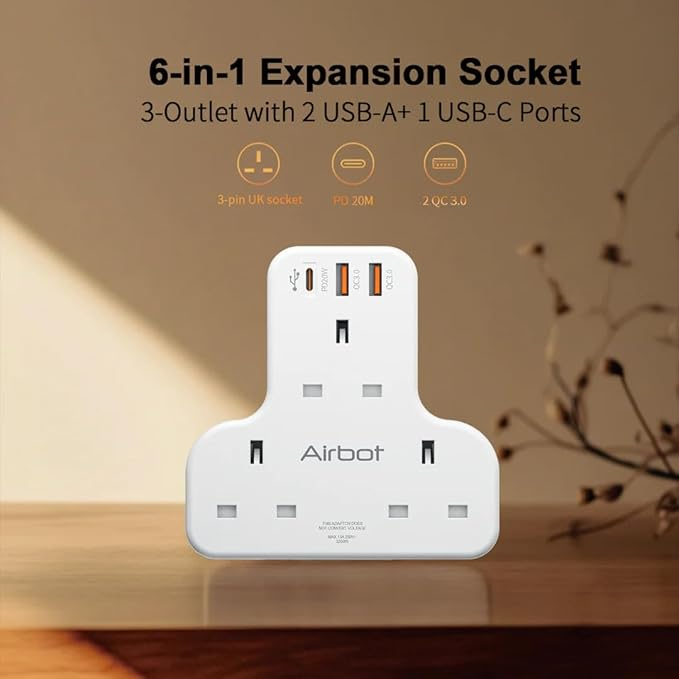 مقبس تمديد متعدد Airbot Air 3C-PD بقوة 3250 واط، مقبس طاقة ثلاثي الاتجاهات مع منفذ USB + منفذ Type-C PD، محول مقبس تمديد متعدد62885105504898111