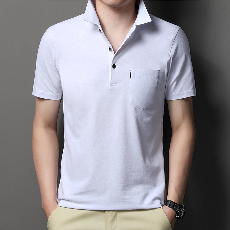 MOAIKA   100% Cotton Pocket Polo Shirt Solid Collar Short Sleeve        White63525099761537112