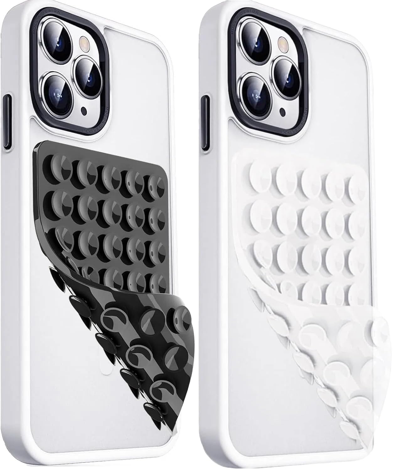 Blythornix Adhesive Cell Phone Wall Mounts, Silicone Suction Phone Case Mount, Mobile Phone Shower Mount, Hands-Free Mobile Accessory Holder for Bathroom Mirror 2 Packs Black and White