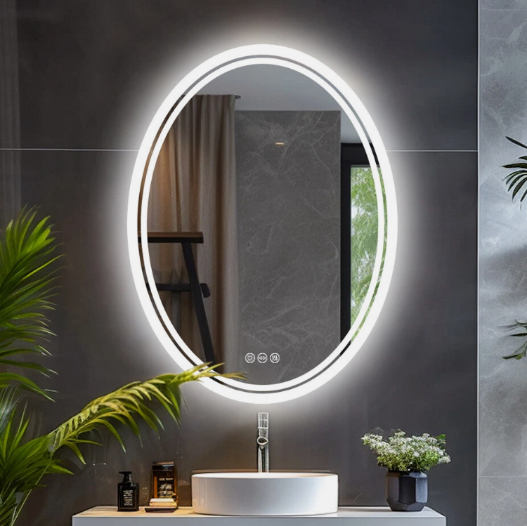مرآة بيديت LED بيضوية مضادة للضباب بحجم 27.5 بوصة، مرآة حائط قابلة للتغميض لوضع المكياج63124992961281112
