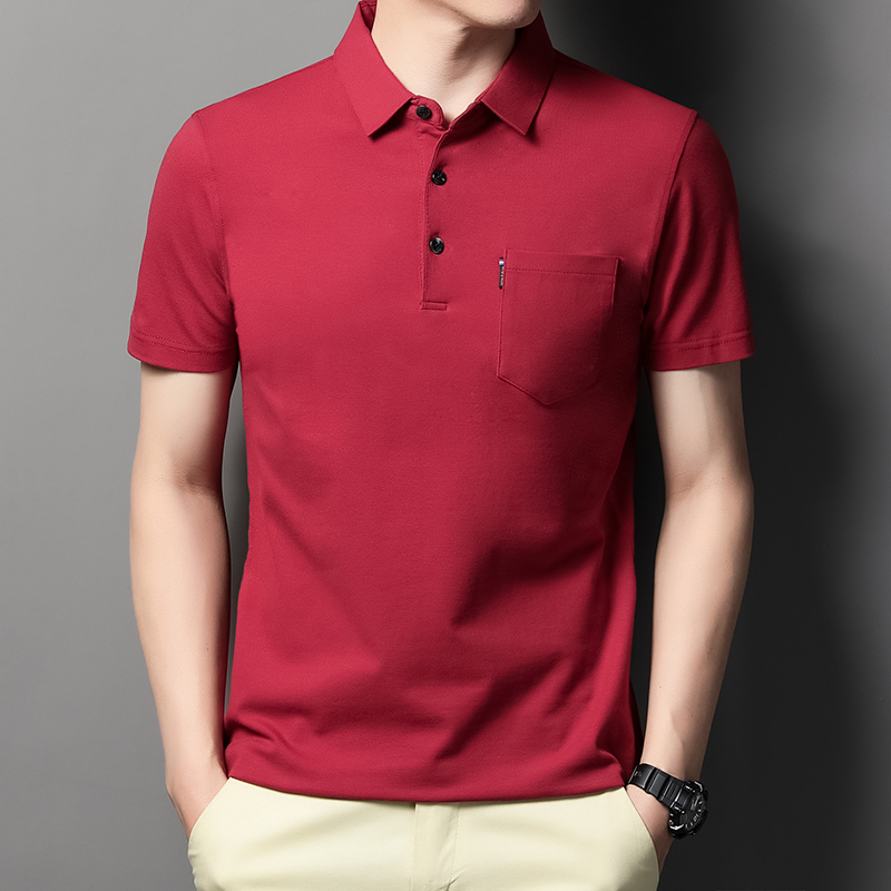 MOAIKA 100% Cotton Pocket Polo Shirt Solid Collar Short Sleeve      wine red63525134199298116