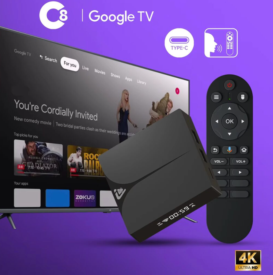 جهاز تلفاز ذكي C8 Amlogic S905d2 بسعة 16 جيجابايت، جهاز استقبال تلفزيوني يعمل بنظام أندرويد 14، مع جهاز تحكم عن بعد بخاصية البلوتوث والصوت، بشاشة عرض رقمية، جهاز أندرويد بوكس63234649060483112