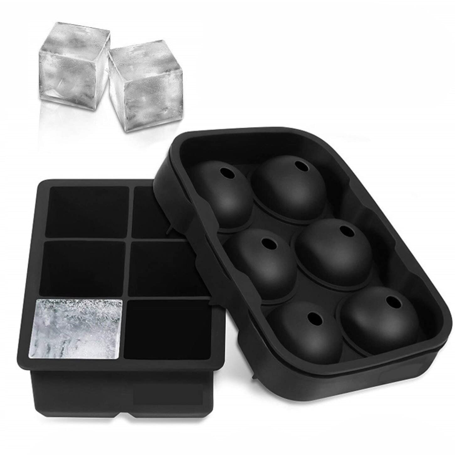 Blythornix Ice Cube Trays for Freezer with Lid and Bin Barware, Silicone Ice Mold Square and Round Ice Ball Maker Hold with Funnel Barware Large Size Black 2 Packs