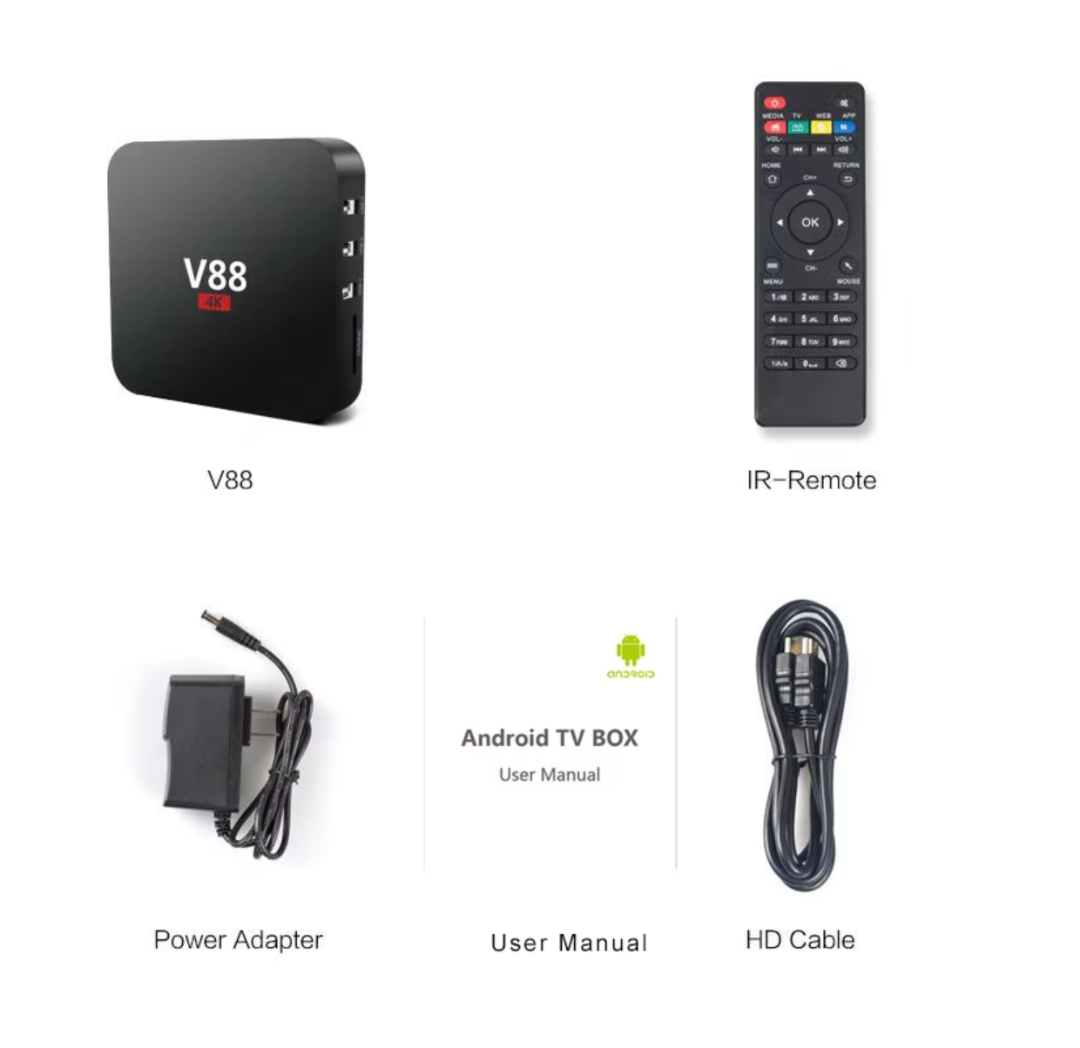 صندوق تلفاز أندرويد V88، نظام تشغيل 7.1، ذاكرة عشوائية 1 جيجابايت + ذاكرة داخلية 8 جيجابايت، معالج رباعي النواة Amlogic S905L، يدعم دقة 4K، صندوق وسائط ذكي متعدد المهام63269264434049114