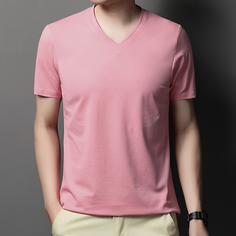 MOAIKA Classic Basic Solid Short Sleeve Men's Cotton Heart Collar Shirt    pink63554360693889111