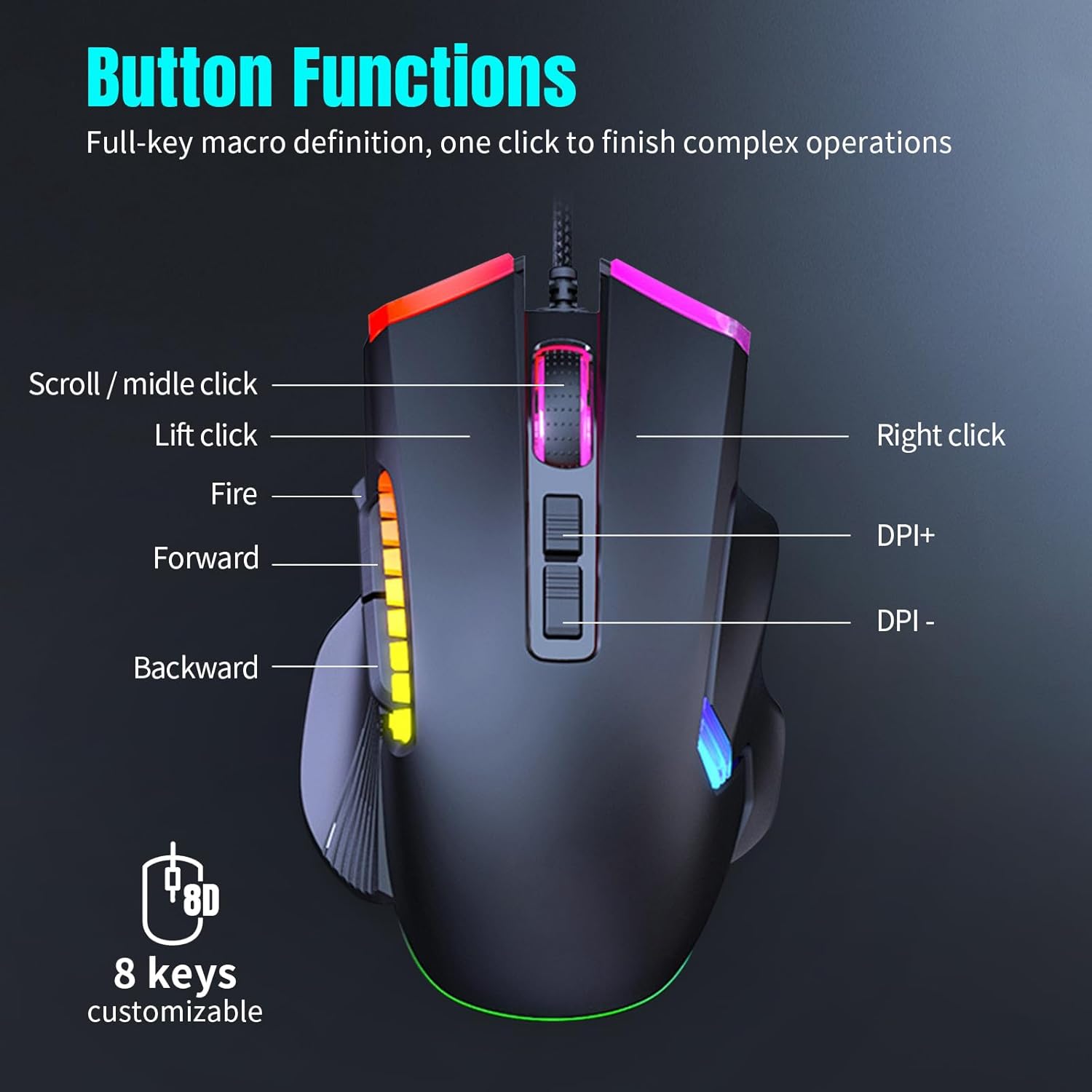 ماوس ألعاب USB سلكي، ماوس بصري للألعاب بستة إعدادات قابلة للتعديل لـ DPI مع 8 أزرار قابلة للبرمجة و13 وضع إضاءة خلفية، وزر إطلاق نار سريع LZ-08363680947626755112