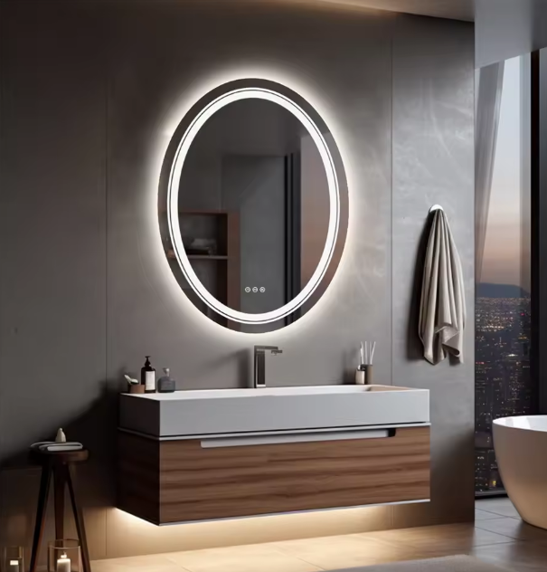 مرآة حمام 24 × 32 بوصة بإضاءة LED دائرية بدون إطار لمرايا الحلاقة والمكياج في دورات المياه والحمامات مع خاصية التعتيم وإزالة الضباب63123873946242111