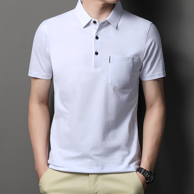 MOAIKA   100% Cotton Pocket Polo Shirt Solid Collar Short Sleeve        White635250997615371117