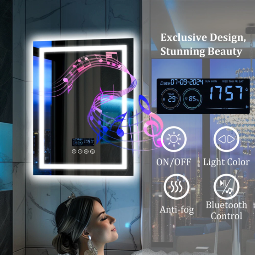 27.5"x35.4" Anti-fog LED Lighted Bathroom Mirror with Bluetooth Speaker Front-lit Backlight63192190694274114