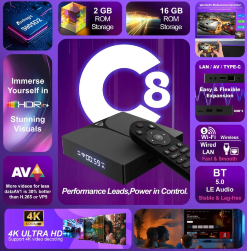 C8 Amlogic S905d2 TV BOX 16GB Android14 Set Top Box BT Voice Remote Device Digital Display Android Box63234649060483113