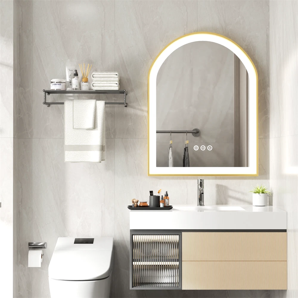 Lebella Gold Aluminum Frame Front-lit Bathroom Vanity Mirror Dimmable Shatterproof Defog63192349547906111