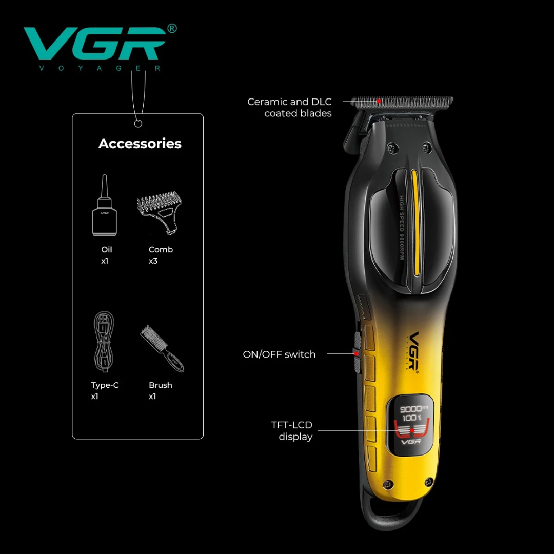 ماكينة قص شعر VGR V226 متعددة الاستخدامات، ماكينة قص شعر احترافية لاسلكية بسرعة 9000 دورة في الدقيقة، ماكينة حلاقة قابلة لإعادة الشحن للرجال ب刀ة DLC63214237421953111