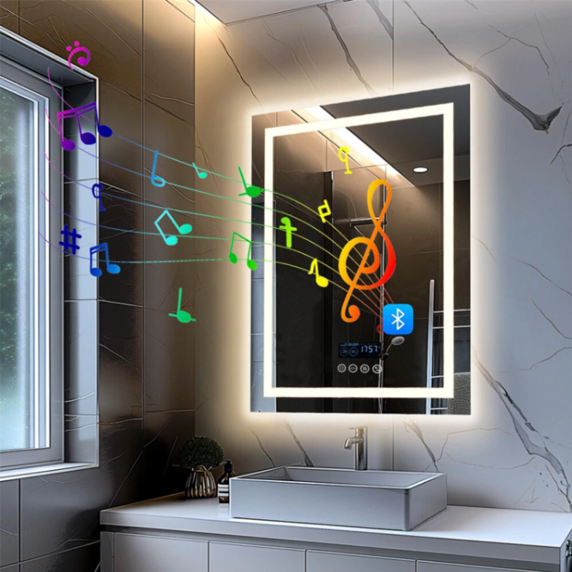 مرآة حمام مضادة للضباب مقاس 27.5 بوصة × 35.4 بوصة بإضاءة LED مع متكلم بلوتوث وإضاءة أمامية وخلفية63192190694274110