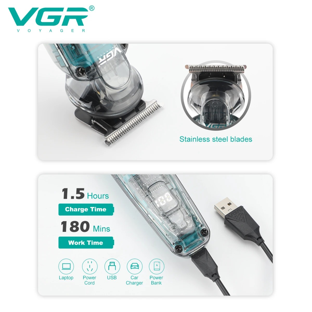 VGR Hair Clipper Rechargeable Trimmer Professional Hair Cutting Machine Waterproof Barber Transparent Hair Trimmer63059082893955114