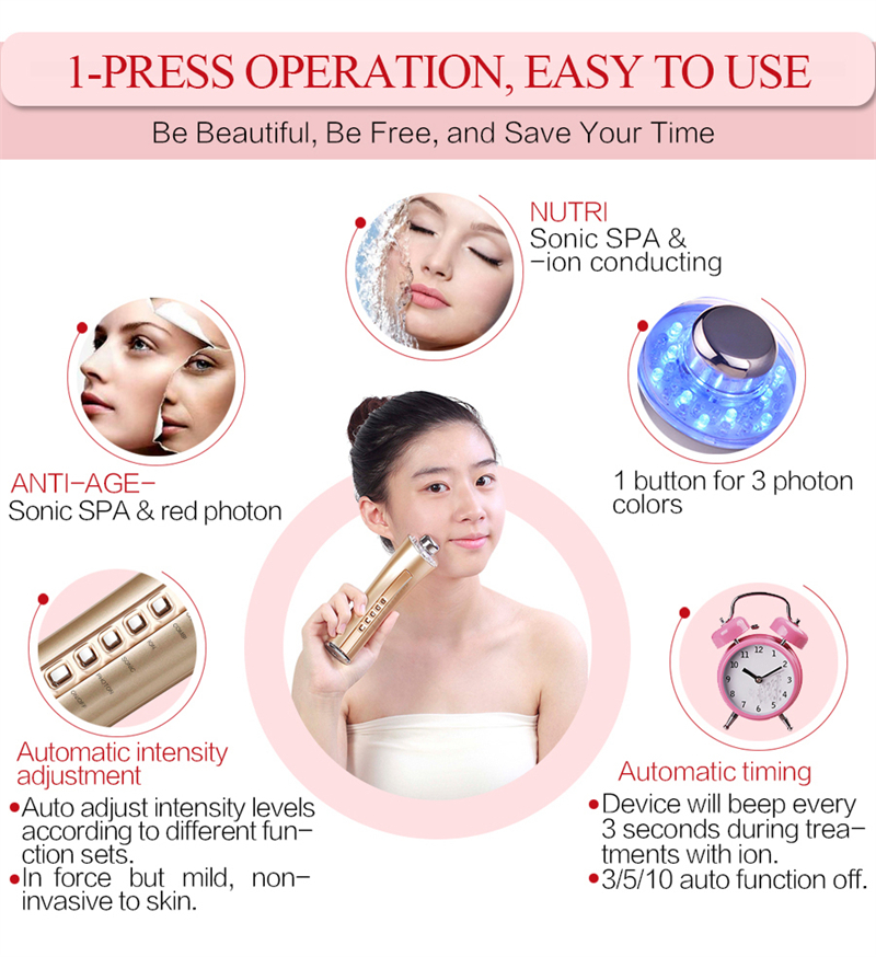 IPS 6-in-1 Rechargeable Anti-Aging Facial Device – 3 MHz Ultrasonic, Positive/Negative Ions, Red/Blue/Yellow LED Light Therapy for Fine Lines, Acne & Dull Skin – Champagne Gold / Pink / Silver / Cola 63081088923651112