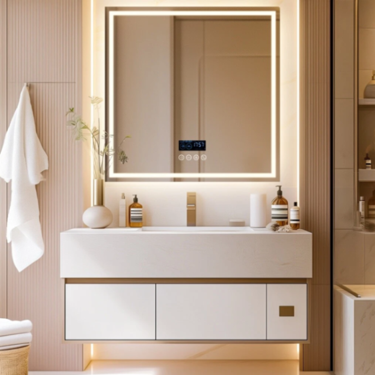 Bluetooth Lighted LED Bathroom Mirror Square Vanity Mirror Dimmable Anti-Fog HD63145798767875112