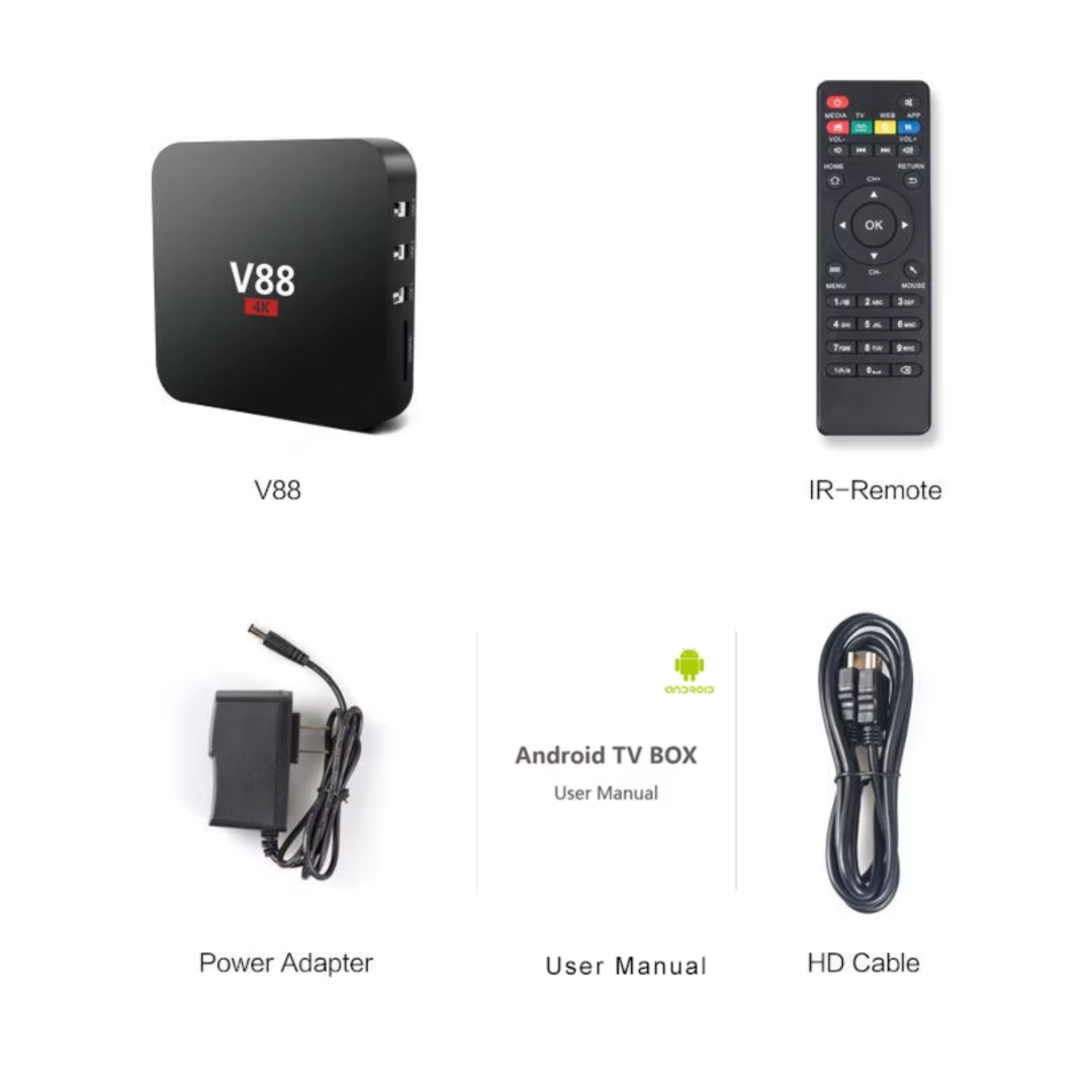 صندوق تلفاز أندرويد V88 نظام تشغيل 7.1، 1 جيجابايت + 8 جيجابايت، معالج رباعي النواة Amlogic S905L يدعم 4K، صندوق وسائط ذكي متعدد المهام63238562112897113